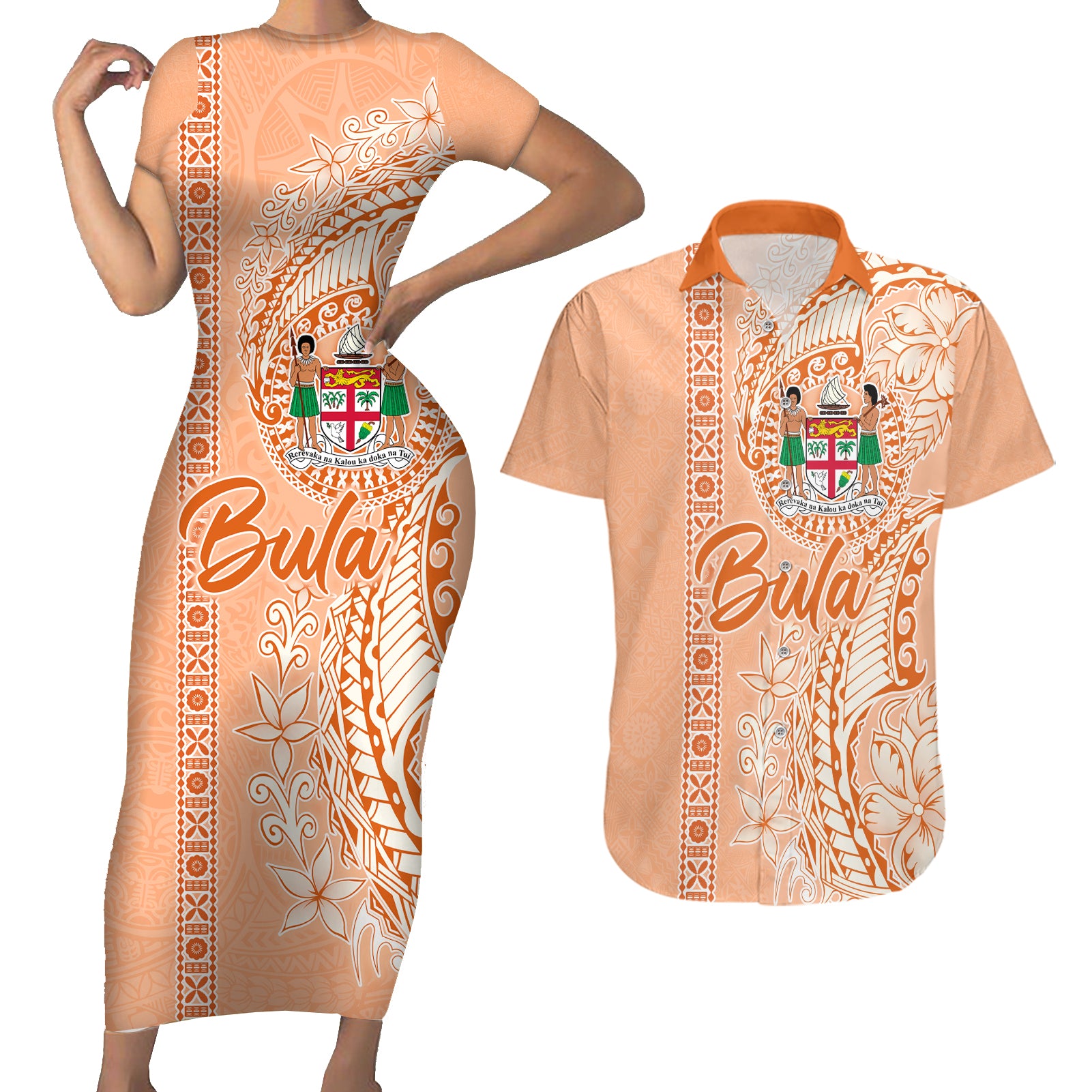 Bula Fiji Couples Matching Short Sleeve Bodycon Dress and Hawaiian Shirt Tropical Flower and Tapa Pattern Peach Fuzz Color LT03 Peach Fuzz - Polynesian Pride