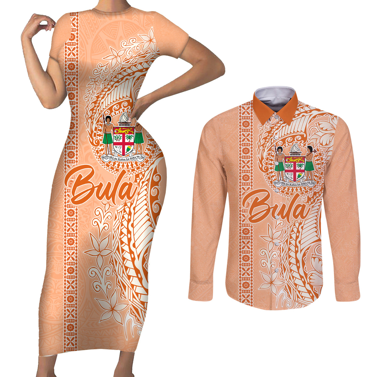 Bula Fiji Couples Matching Short Sleeve Bodycon Dress and Long Sleeve Button Shirt Tropical Flower and Tapa Pattern Peach Fuzz Color LT03 Peach Fuzz - Polynesian Pride