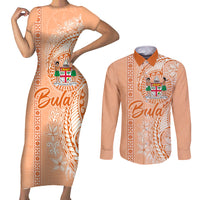 Bula Fiji Couples Matching Short Sleeve Bodycon Dress and Long Sleeve Button Shirt Tropical Flower and Tapa Pattern Peach Fuzz Color LT03 Peach Fuzz - Polynesian Pride