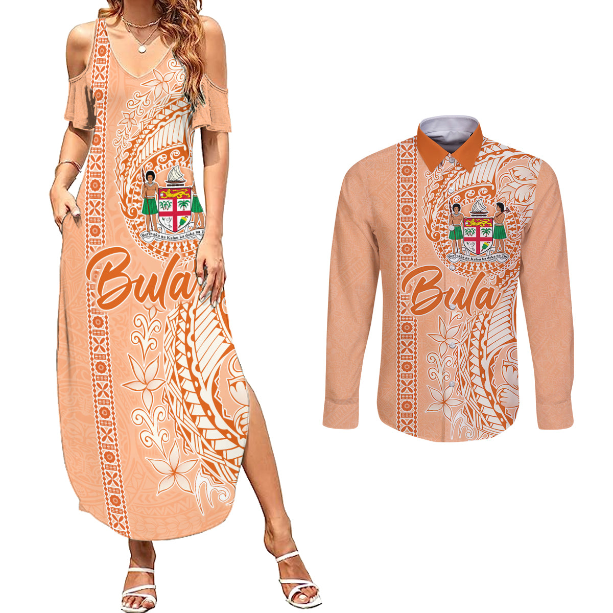 Bula Fiji Couples Matching Summer Maxi Dress and Long Sleeve Button Shirt Tropical Flower and Tapa Pattern Peach Fuzz Color LT03 Peach Fuzz - Polynesian Pride