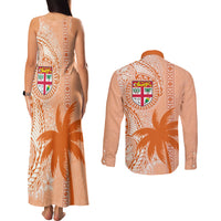 Bula Fiji Couples Matching Tank Maxi Dress and Long Sleeve Button Shirt Tropical Flower and Tapa Pattern Peach Fuzz Color LT03 - Polynesian Pride