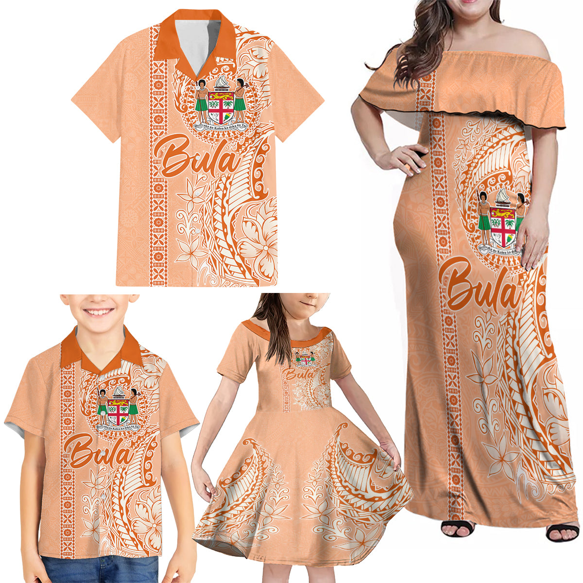 Bula Fiji Family Matching Off Shoulder Maxi Dress and Hawaiian Shirt Tropical Flower and Tapa Pattern Peach Fuzz Color LT03 - Polynesian Pride