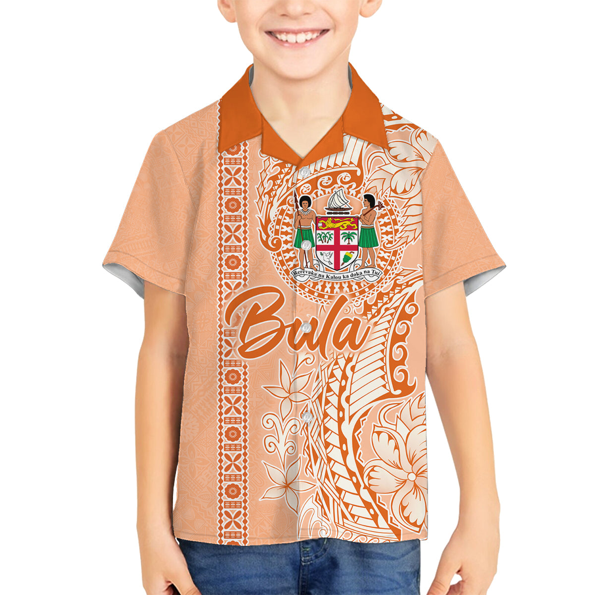 Bula Fiji Family Matching Off Shoulder Maxi Dress and Hawaiian Shirt Tropical Flower and Tapa Pattern Peach Fuzz Color LT03 Son's Shirt Peach Fuzz - Polynesian Pride