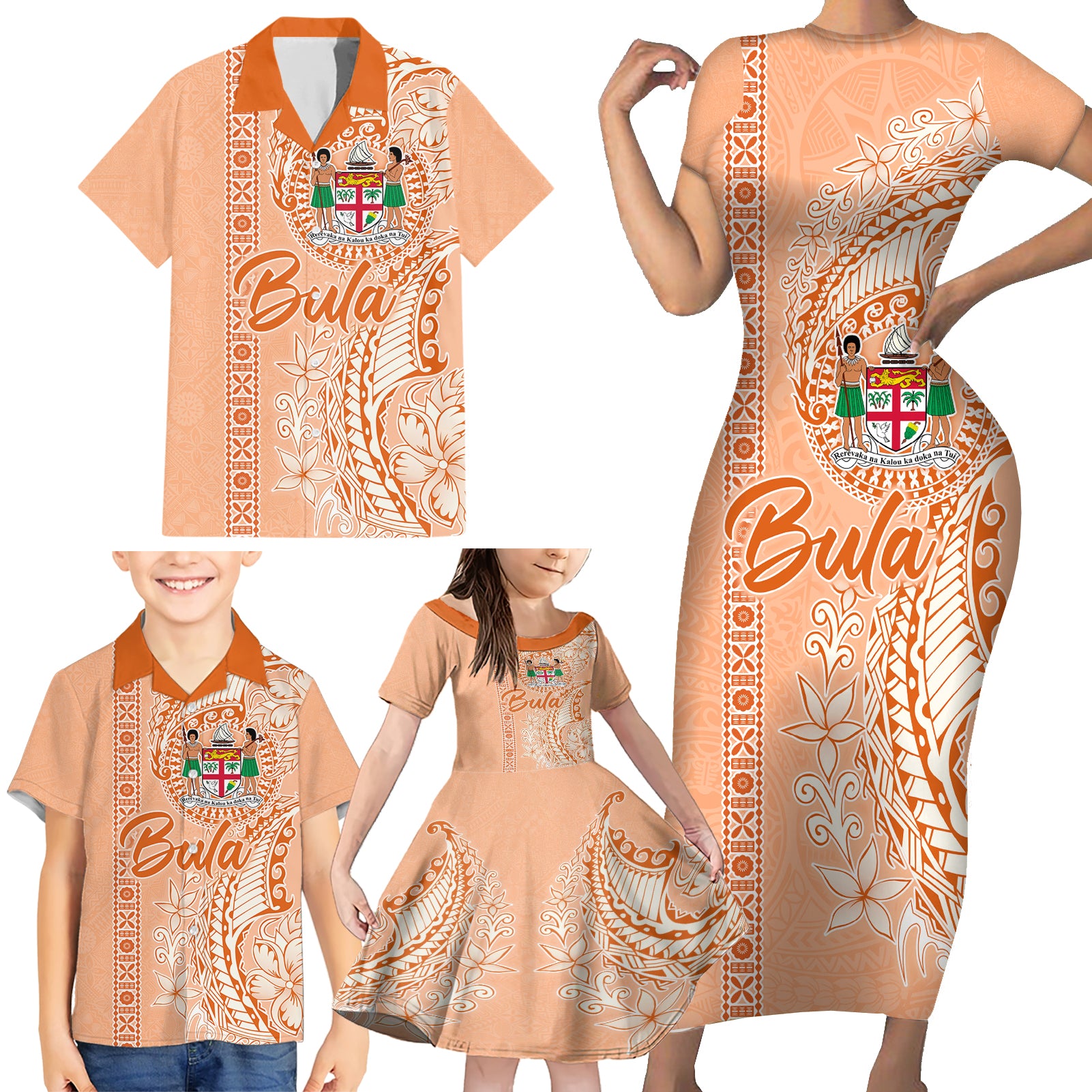 Bula Fiji Family Matching Short Sleeve Bodycon Dress and Hawaiian Shirt Tropical Flower and Tapa Pattern Peach Fuzz Color LT03 - Polynesian Pride