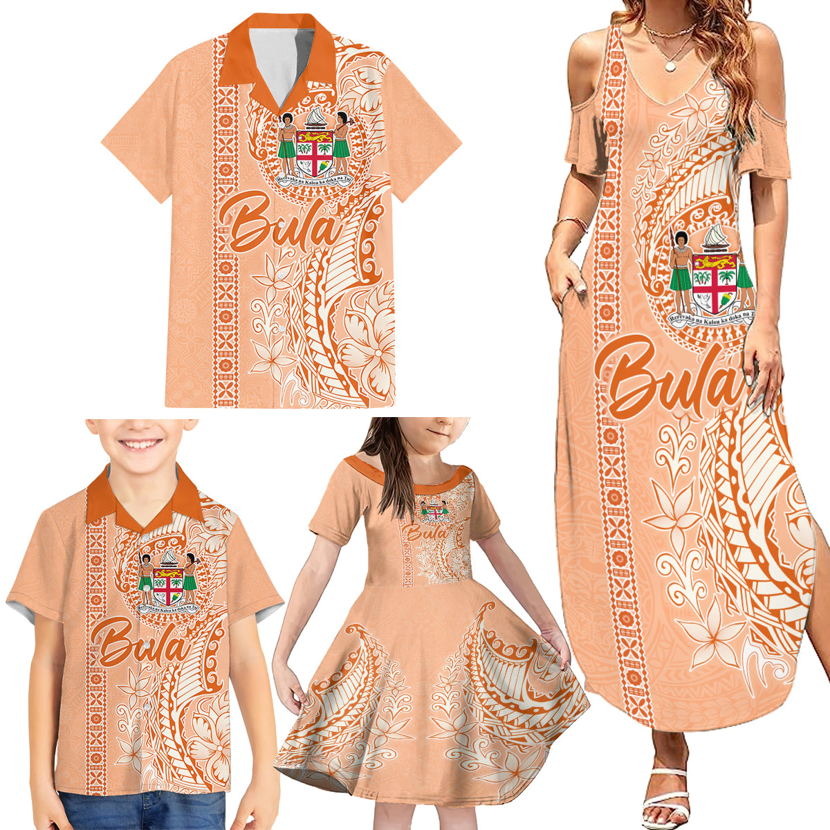 Bula Fiji Family Matching Summer Maxi Dress and Hawaiian Shirt Tropical Flower and Tapa Pattern Peach Fuzz Color LT03 - Polynesian Pride