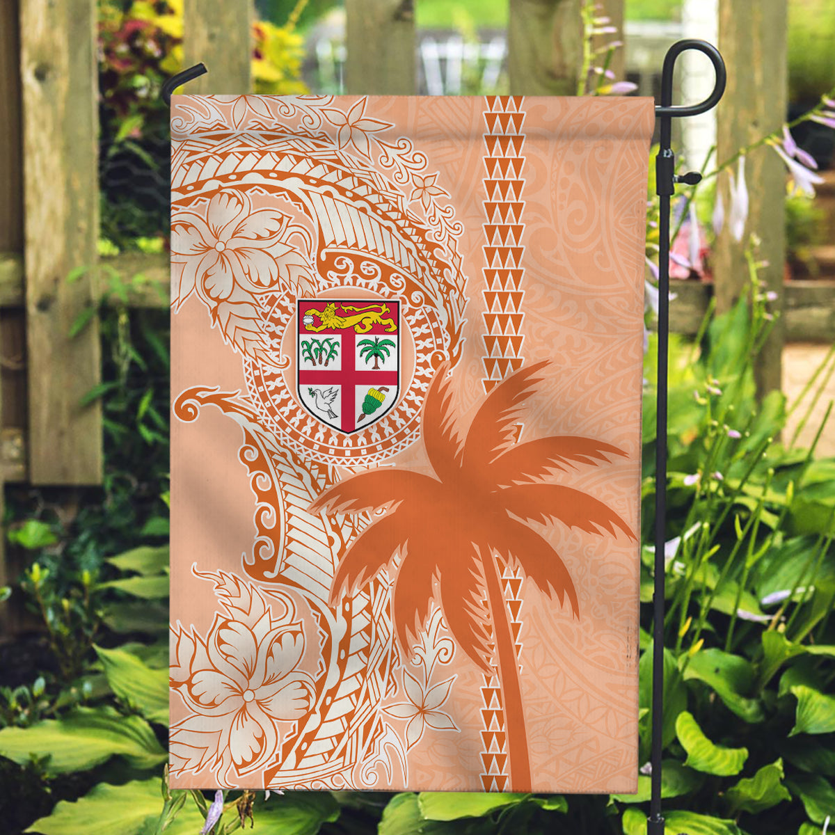 Bula Fiji Garden Flag Tropical Flower and Tapa Pattern Peach Fuzz Color LT03 Garden Flag Peach Fuzz - Polynesian Pride