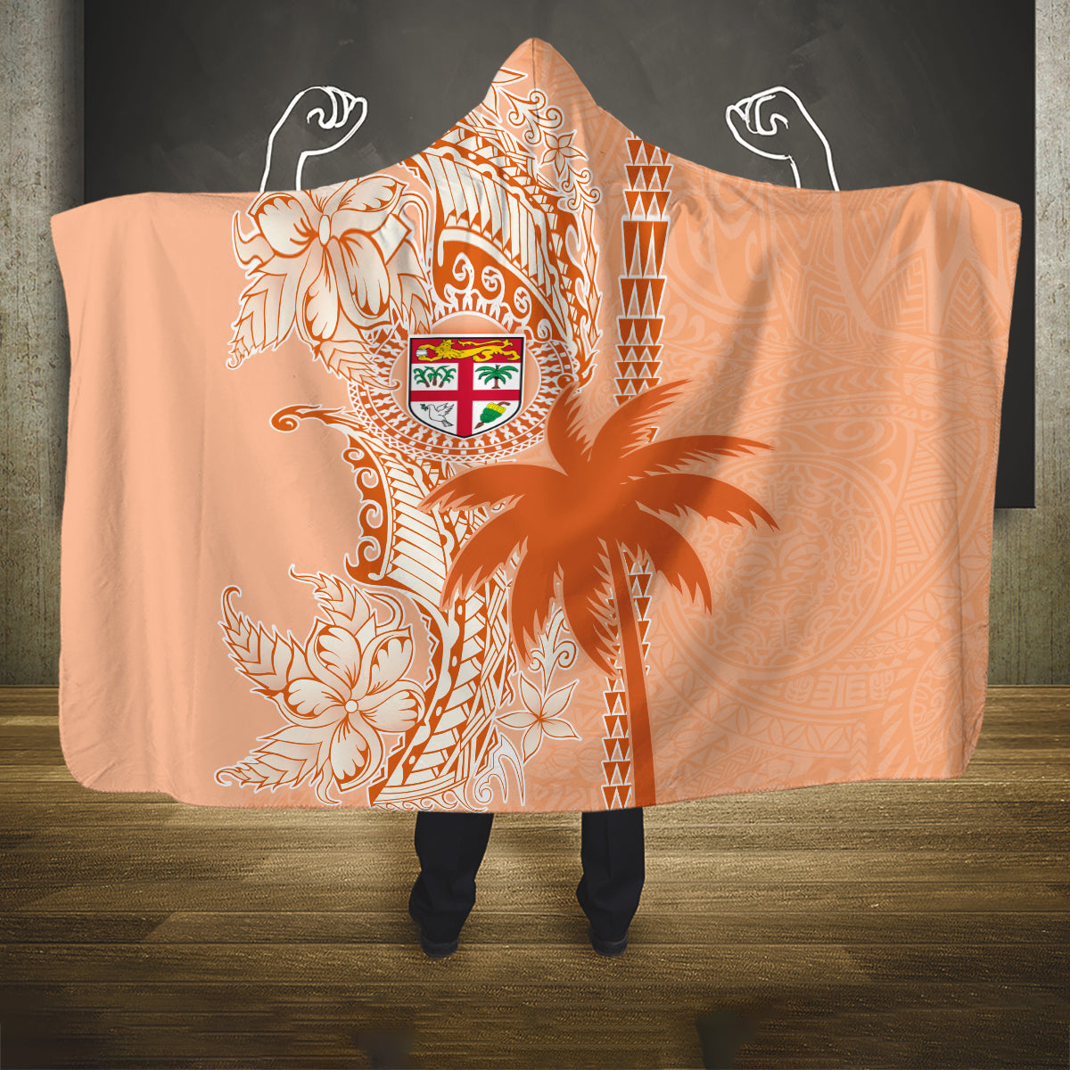 Bula Fiji Hooded Blanket Tropical Flower and Tapa Pattern Peach Fuzz Color LT03 One Size Peach Fuzz - Polynesian Pride