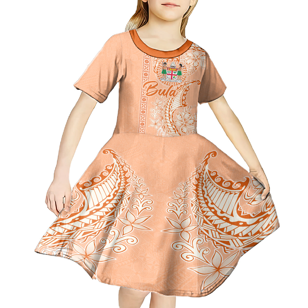 Bula Fiji Kid Short Sleeve Dress Tropical Flower and Tapa Pattern Peach Fuzz Color LT03 - Polynesian Pride