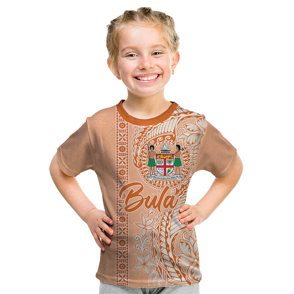 Bula Fiji Kid T Shirt Tropical Flower and Tapa Pattern Peach Fuzz Color LT03 Peach Fuzz - Polynesian Pride