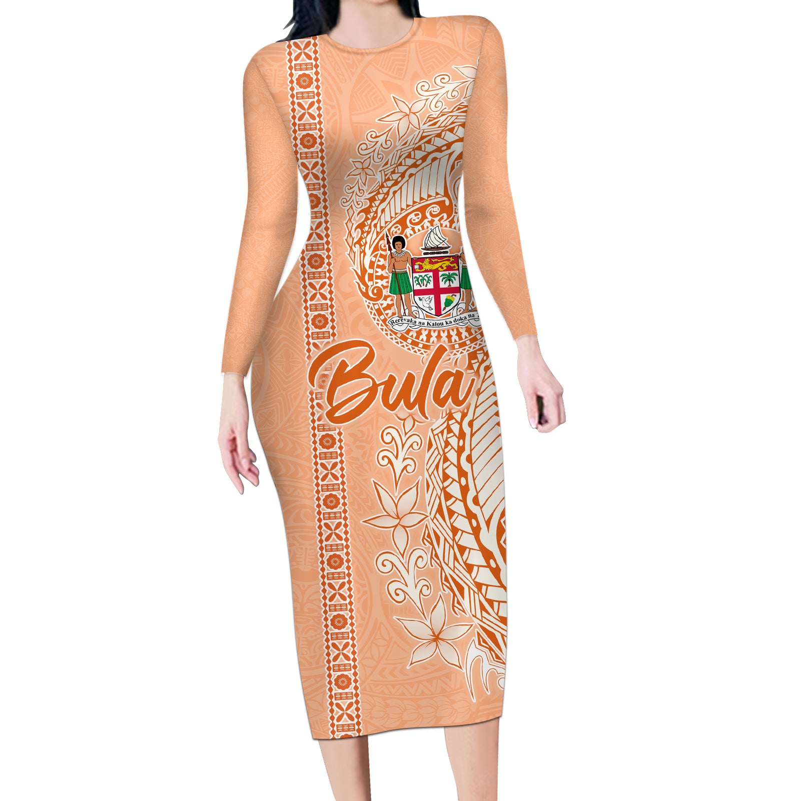 Bula Fiji Long Sleeve Bodycon Dress Tropical Flower and Tapa Pattern Peach Fuzz Color LT03 Long Dress Peach Fuzz - Polynesian Pride