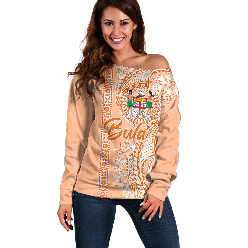 Bula Fiji Off Shoulder Sweater Tropical Flower and Tapa Pattern Peach Fuzz Color LT03 Women Peach Fuzz - Polynesian Pride