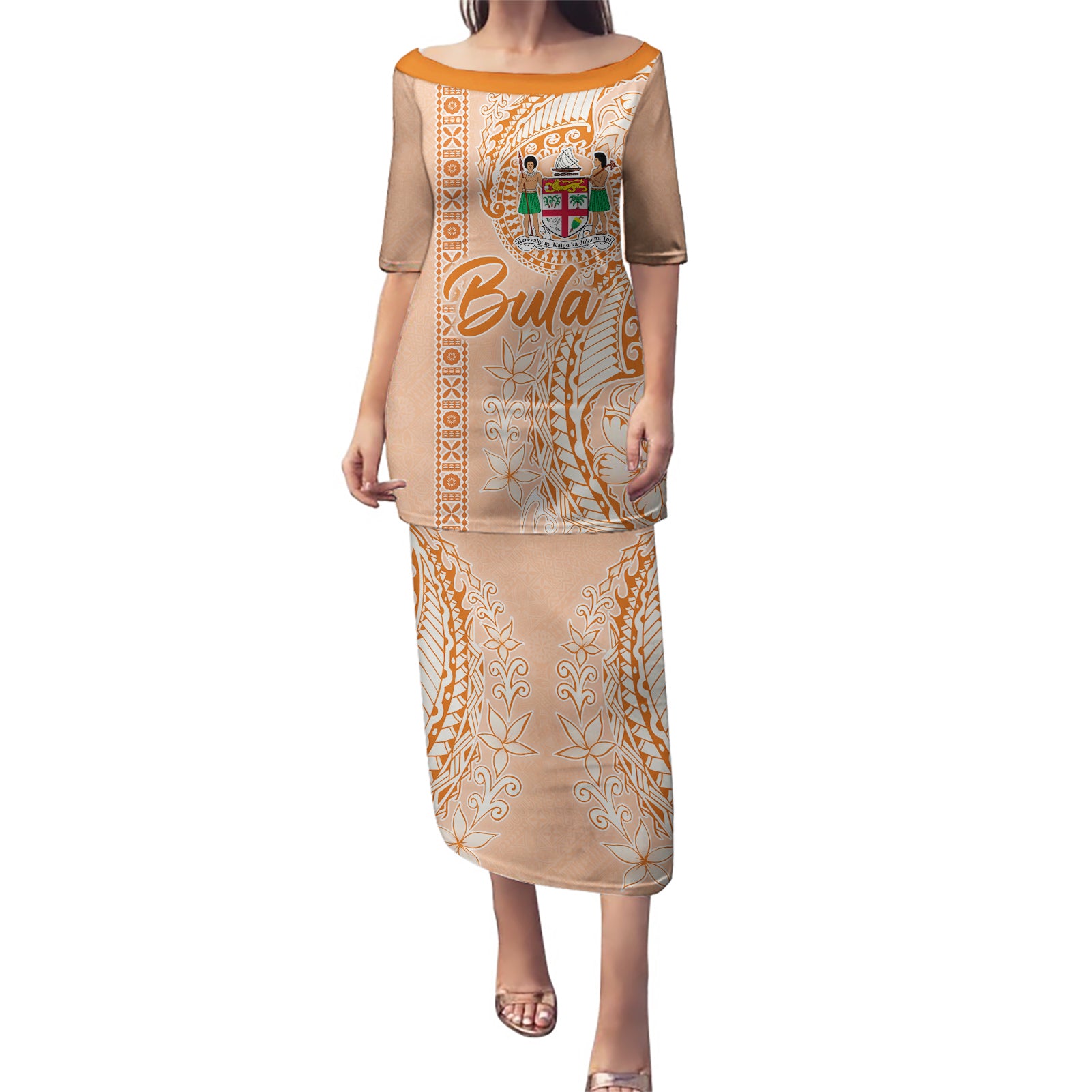 Bula Fiji Puletasi Tropical Flower and Tapa Pattern Peach Fuzz Color LT03 Long Dress Peach Fuzz - Polynesian Pride