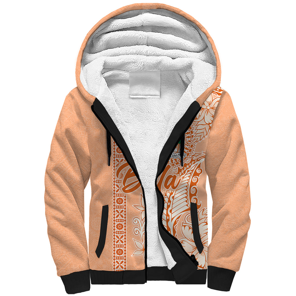 Bula Fiji Sherpa Hoodie Tropical Flower and Tapa Pattern Peach Fuzz Color LT03 Unisex Peach Fuzz - Polynesian Pride