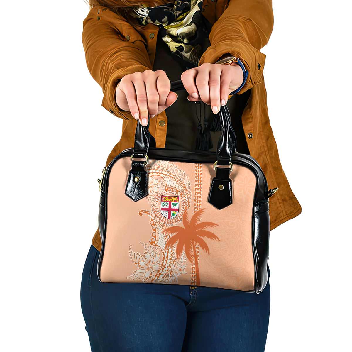 Bula Fiji Shoulder Handbag Tropical Flower and Tapa Pattern Peach Fuzz Color LT03 One Size Peach Fuzz - Polynesian Pride