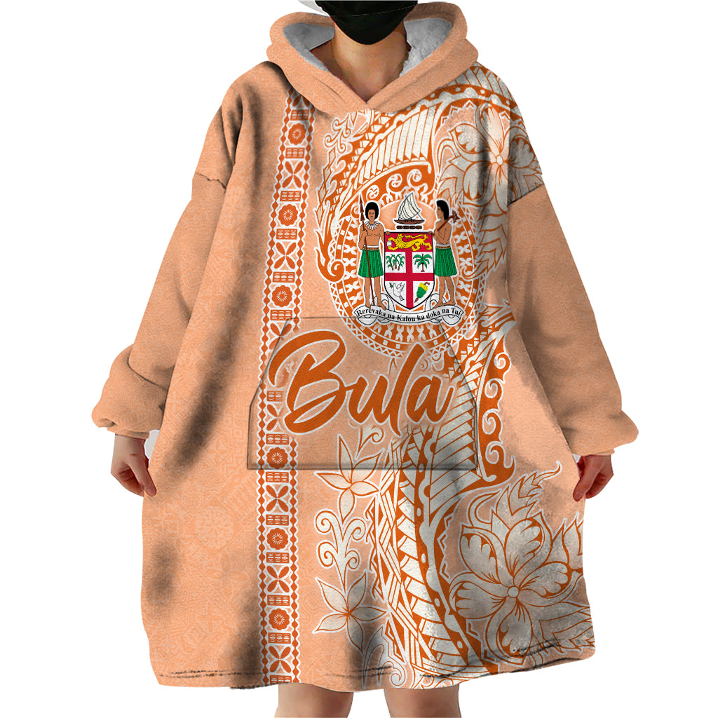 Bula Fiji Wearable Blanket Hoodie Tropical Flower and Tapa Pattern Peach Fuzz Color LT03 - Polynesian Pride