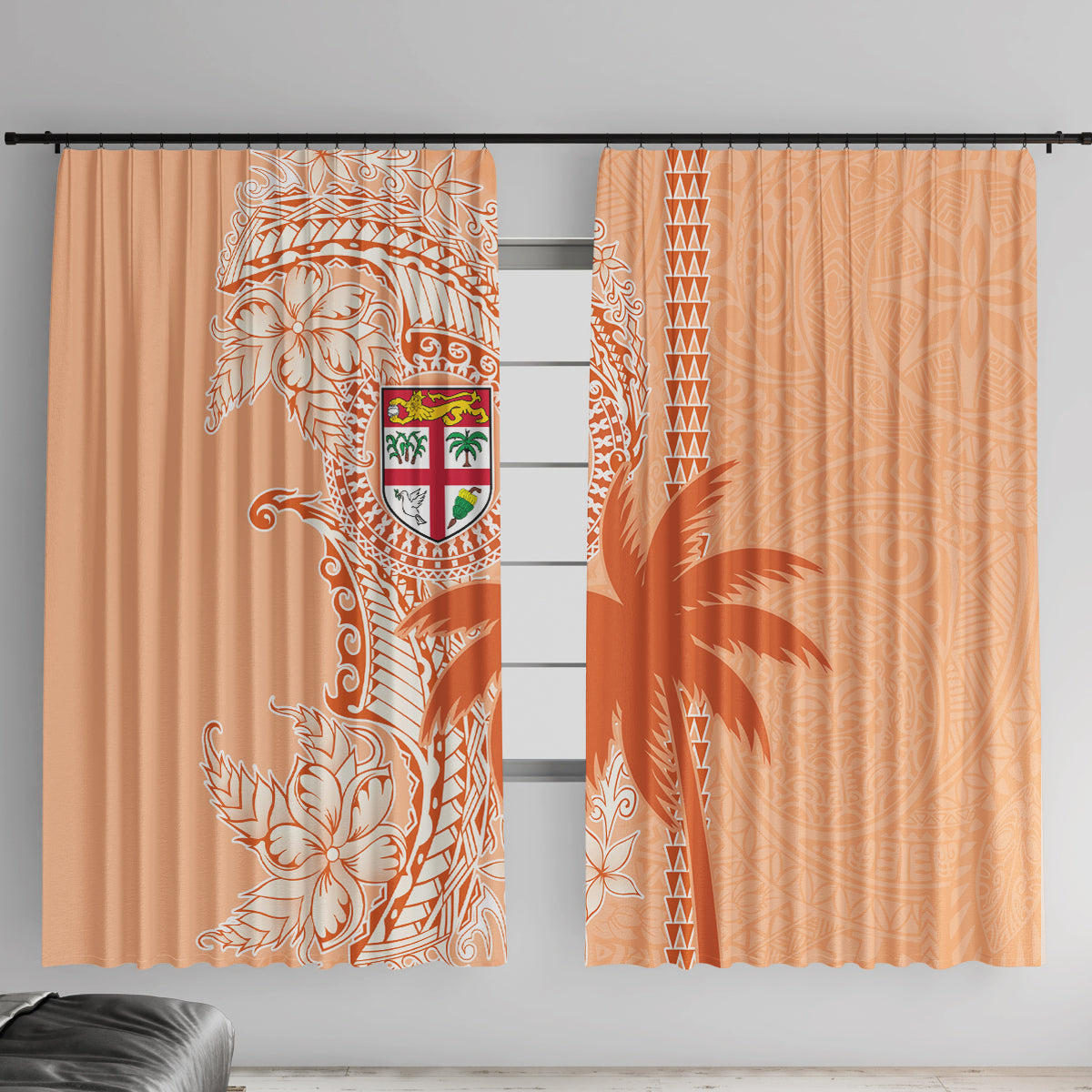 Bula Fiji Window Curtain Tropical Flower and Tapa Pattern Peach Fuzz Color LT03 With Hooks Peach Fuzz - Polynesian Pride