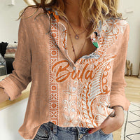 Bula Fiji Women Casual Shirt Tropical Flower and Tapa Pattern Peach Fuzz Color LT03 Female Peach Fuzz - Polynesian Pride