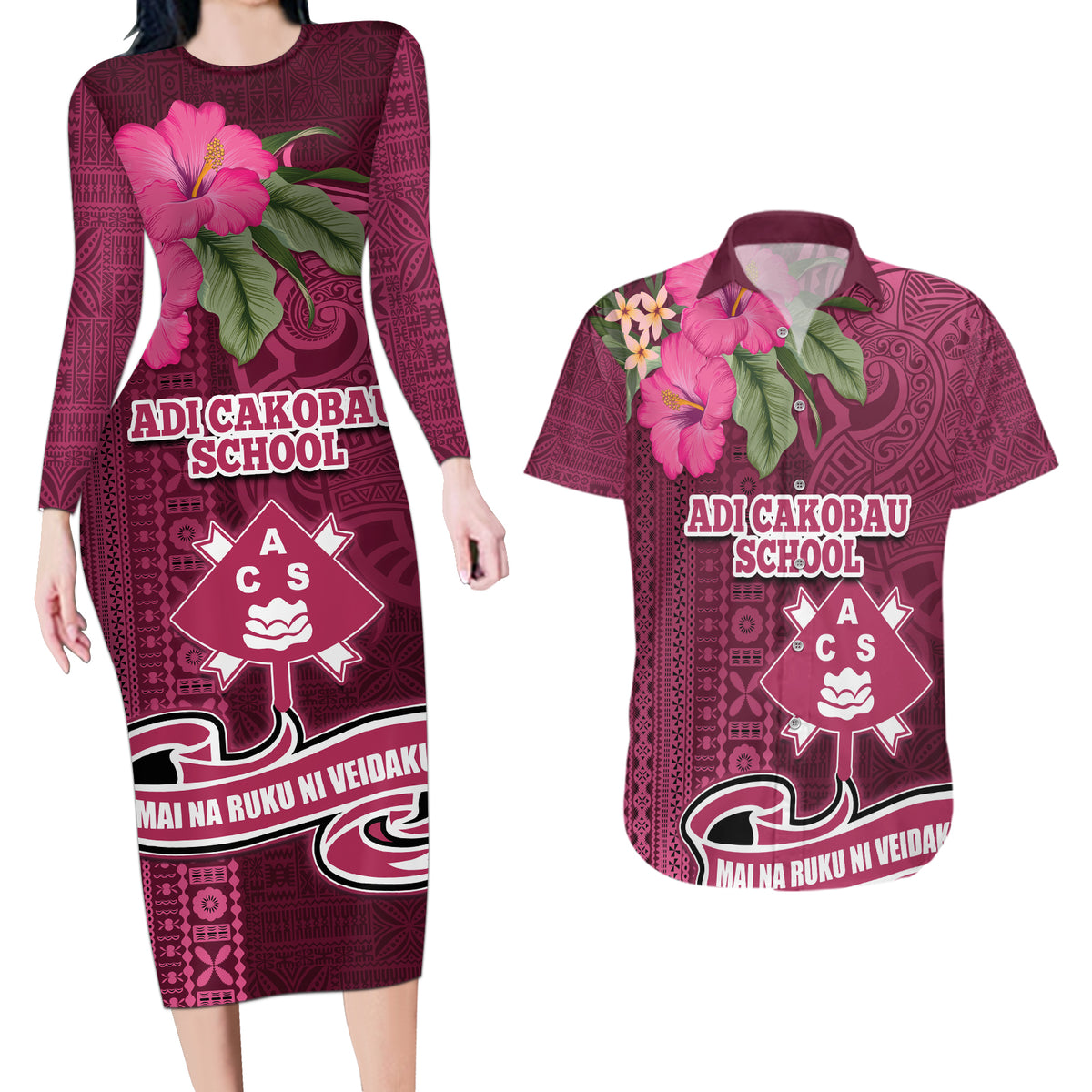 Fiji Adi Cakobau School Couples Matching Long Sleeve Bodycon Dress and Hawaiian Shirt Tropical Flower and Tapa Pattern LT03 Pink - Polynesian Pride