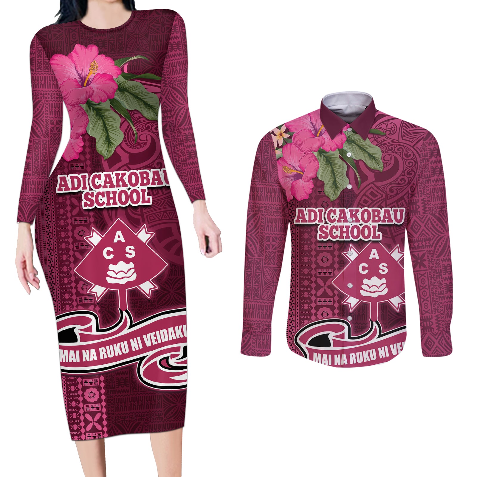 Fiji Adi Cakobau School Couples Matching Long Sleeve Bodycon Dress and Long Sleeve Button Shirt Tropical Flower and Tapa Pattern LT03 Pink - Polynesian Pride