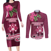 Fiji Adi Cakobau School Couples Matching Long Sleeve Bodycon Dress and Long Sleeve Button Shirt Tropical Flower and Tapa Pattern LT03 Pink - Polynesian Pride