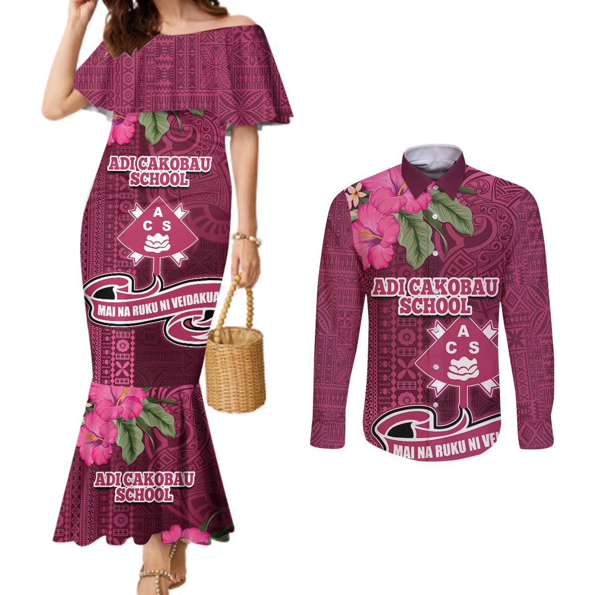 Fiji Adi Cakobau School Couples Matching Mermaid Dress and Long Sleeve Button Shirt Tropical Flower and Tapa Pattern LT03 Pink - Polynesian Pride