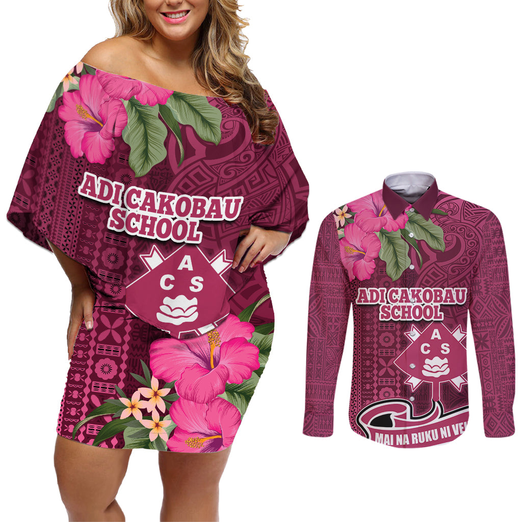 Fiji Adi Cakobau School Couples Matching Off Shoulder Short Dress and Long Sleeve Button Shirt Tropical Flower and Tapa Pattern LT03 Pink - Polynesian Pride