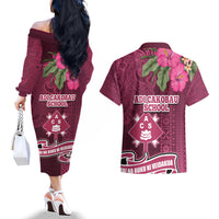 Fiji Adi Cakobau School Couples Matching Off The Shoulder Long Sleeve Dress and Hawaiian Shirt Tropical Flower and Tapa Pattern LT03 - Polynesian Pride