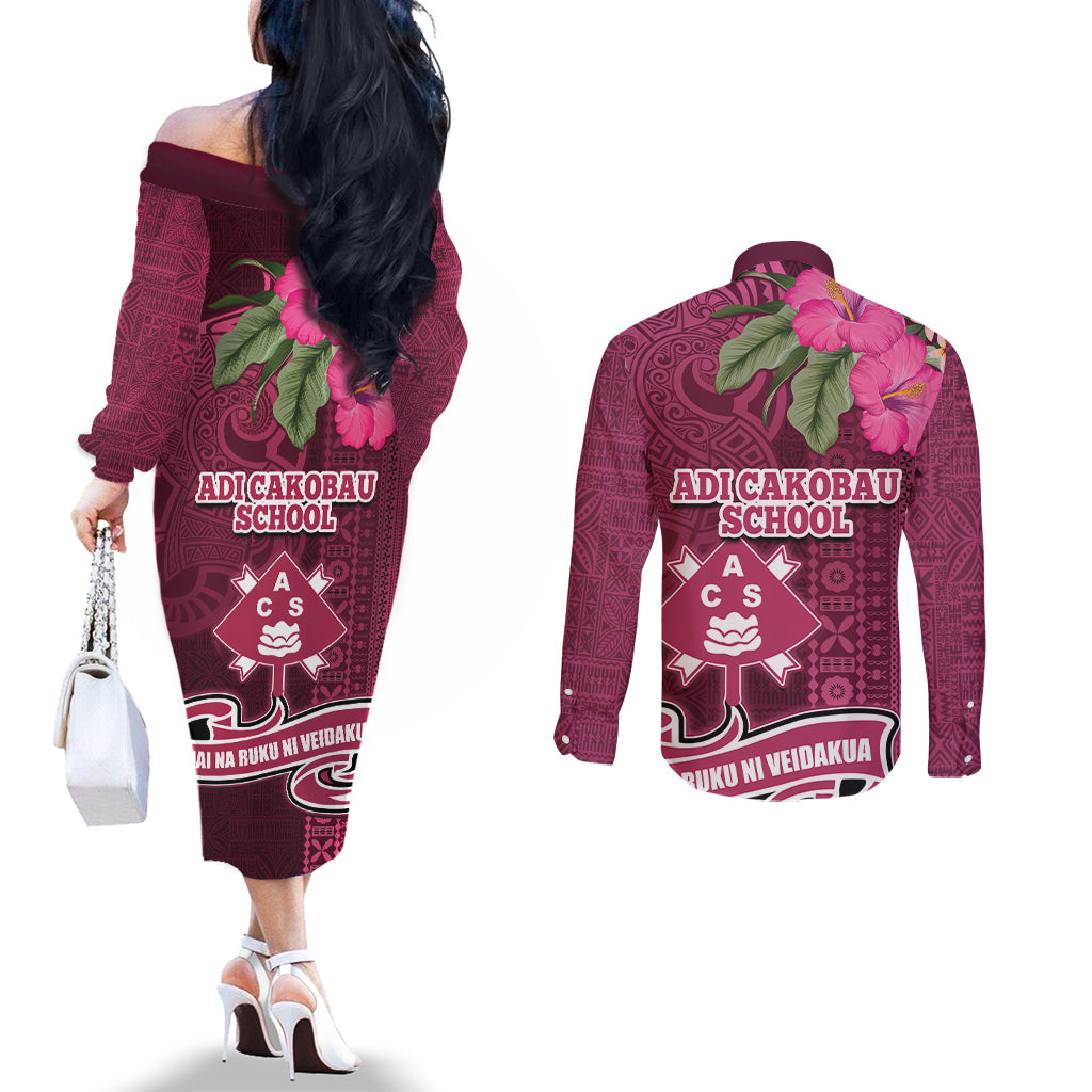 Fiji Adi Cakobau School Couples Matching Off The Shoulder Long Sleeve Dress and Long Sleeve Button Shirt Tropical Flower and Tapa Pattern LT03 - Polynesian Pride