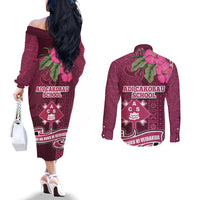 Fiji Adi Cakobau School Couples Matching Off The Shoulder Long Sleeve Dress and Long Sleeve Button Shirt Tropical Flower and Tapa Pattern LT03 - Polynesian Pride