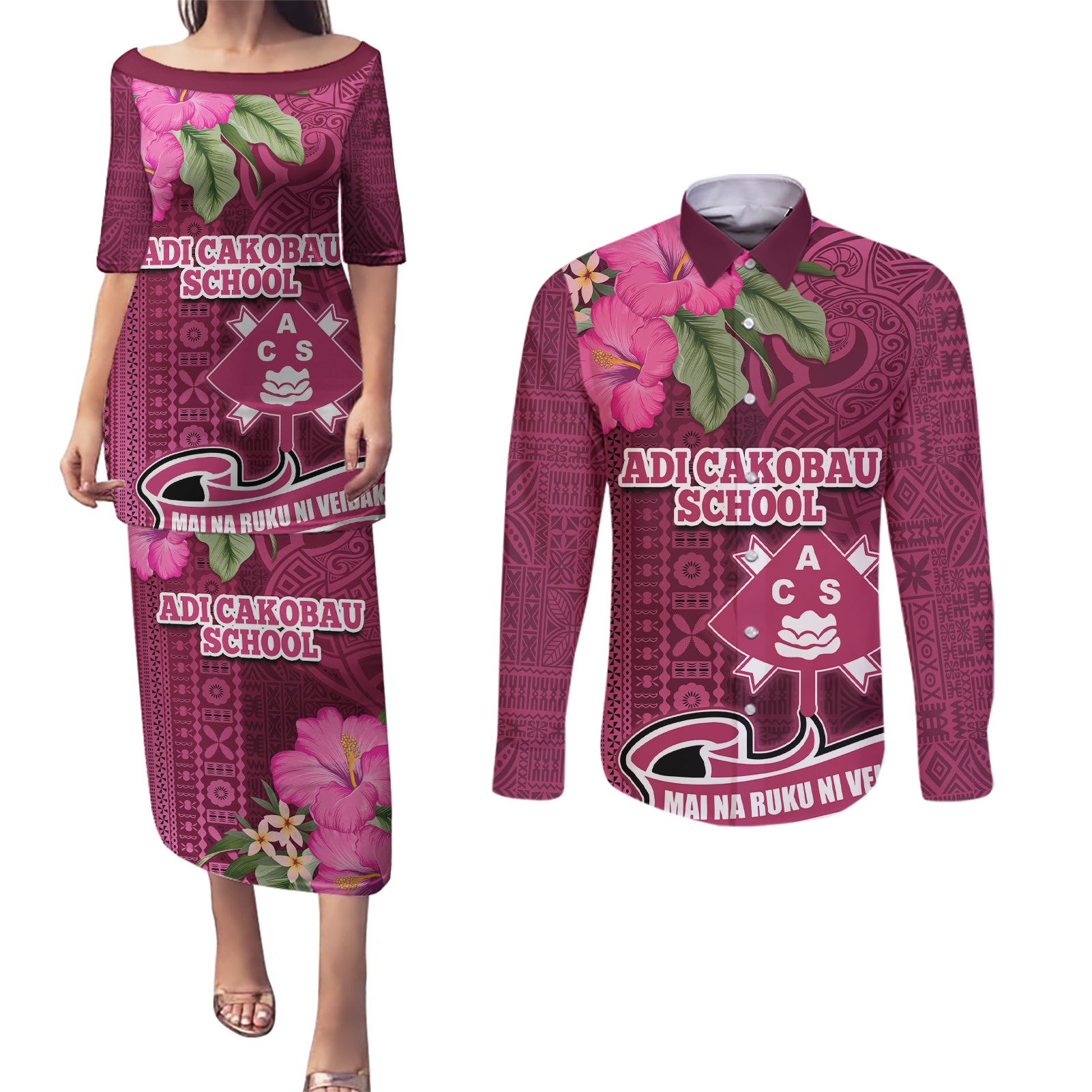 Fiji Adi Cakobau School Couples Matching Puletasi Dress and Long Sleeve Button Shirt Tropical Flower and Tapa Pattern LT03 Pink - Polynesian Pride