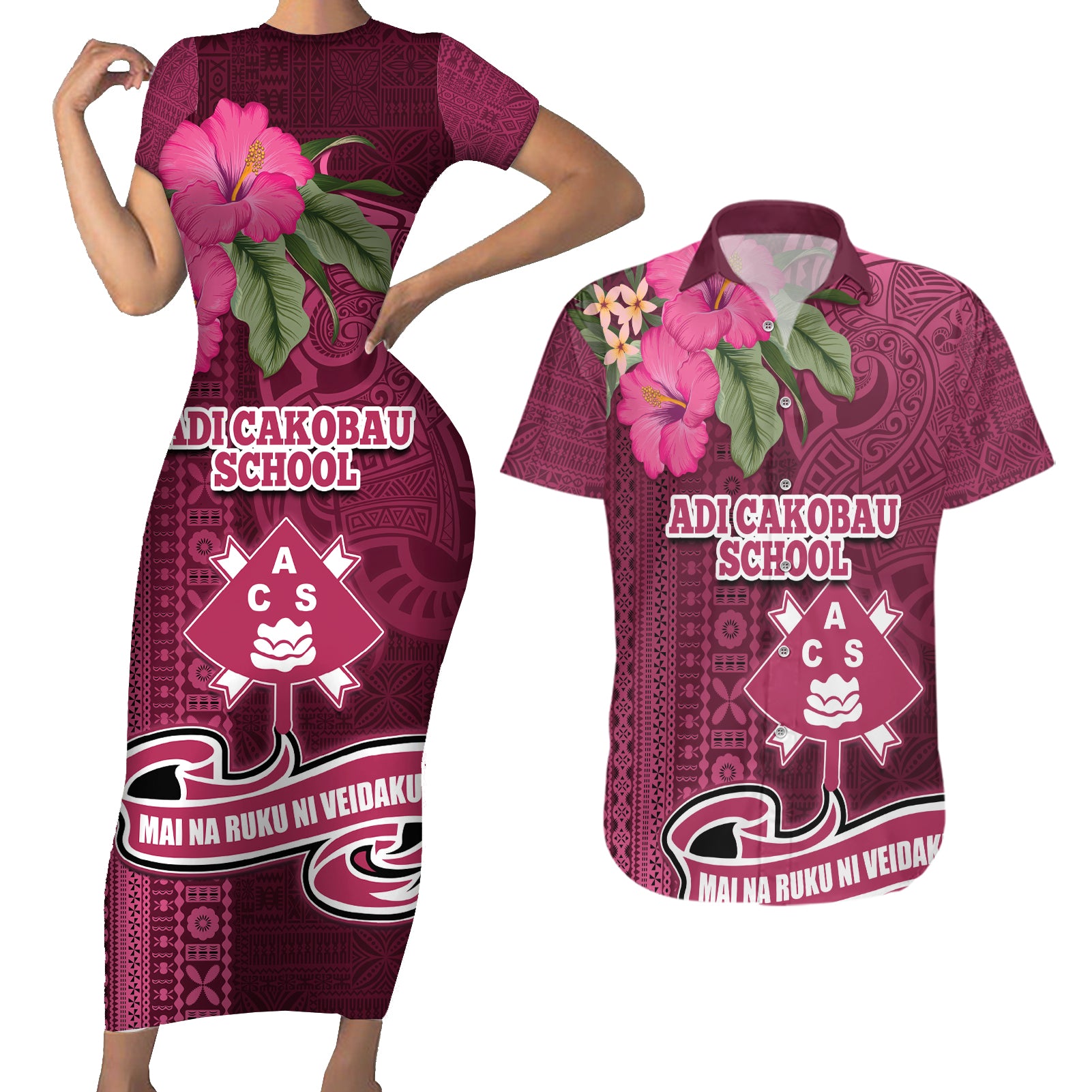 Fiji Adi Cakobau School Couples Matching Short Sleeve Bodycon Dress and Hawaiian Shirt Tropical Flower and Tapa Pattern LT03 Pink - Polynesian Pride