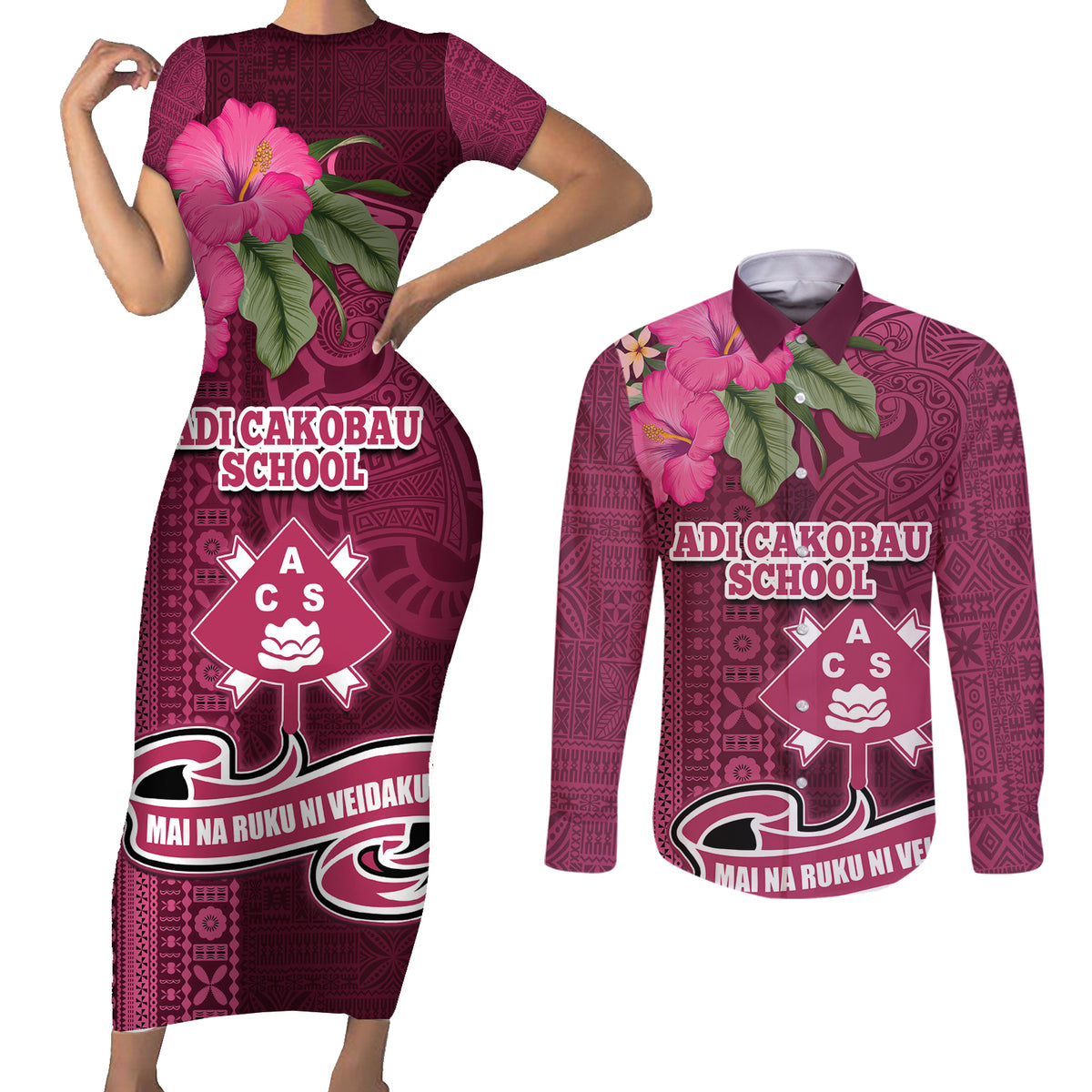 Fiji Adi Cakobau School Couples Matching Short Sleeve Bodycon Dress and Long Sleeve Button Shirt Tropical Flower and Tapa Pattern LT03 Pink - Polynesian Pride