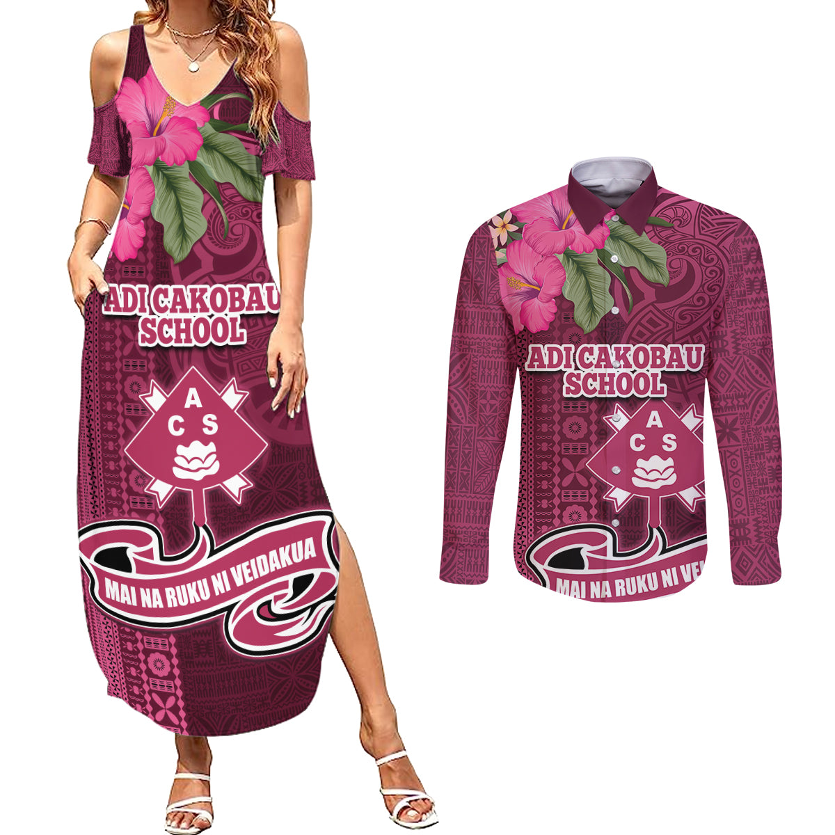 Fiji Adi Cakobau School Couples Matching Summer Maxi Dress and Long Sleeve Button Shirt Tropical Flower and Tapa Pattern LT03 Pink - Polynesian Pride