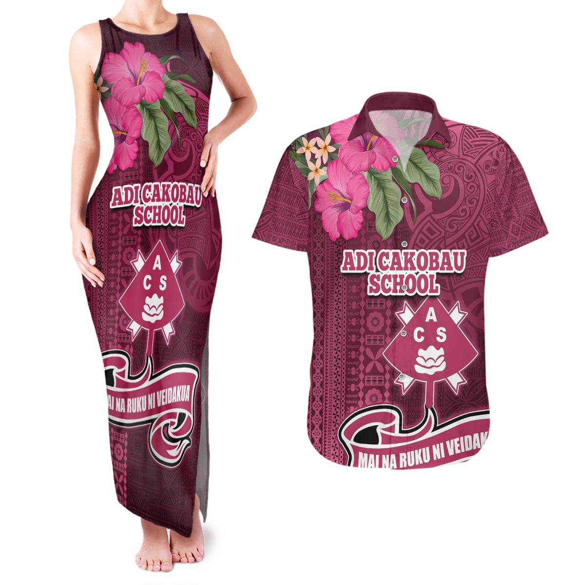 Fiji Adi Cakobau School Couples Matching Tank Maxi Dress and Hawaiian Shirt Tropical Flower and Tapa Pattern LT03 Pink - Polynesian Pride