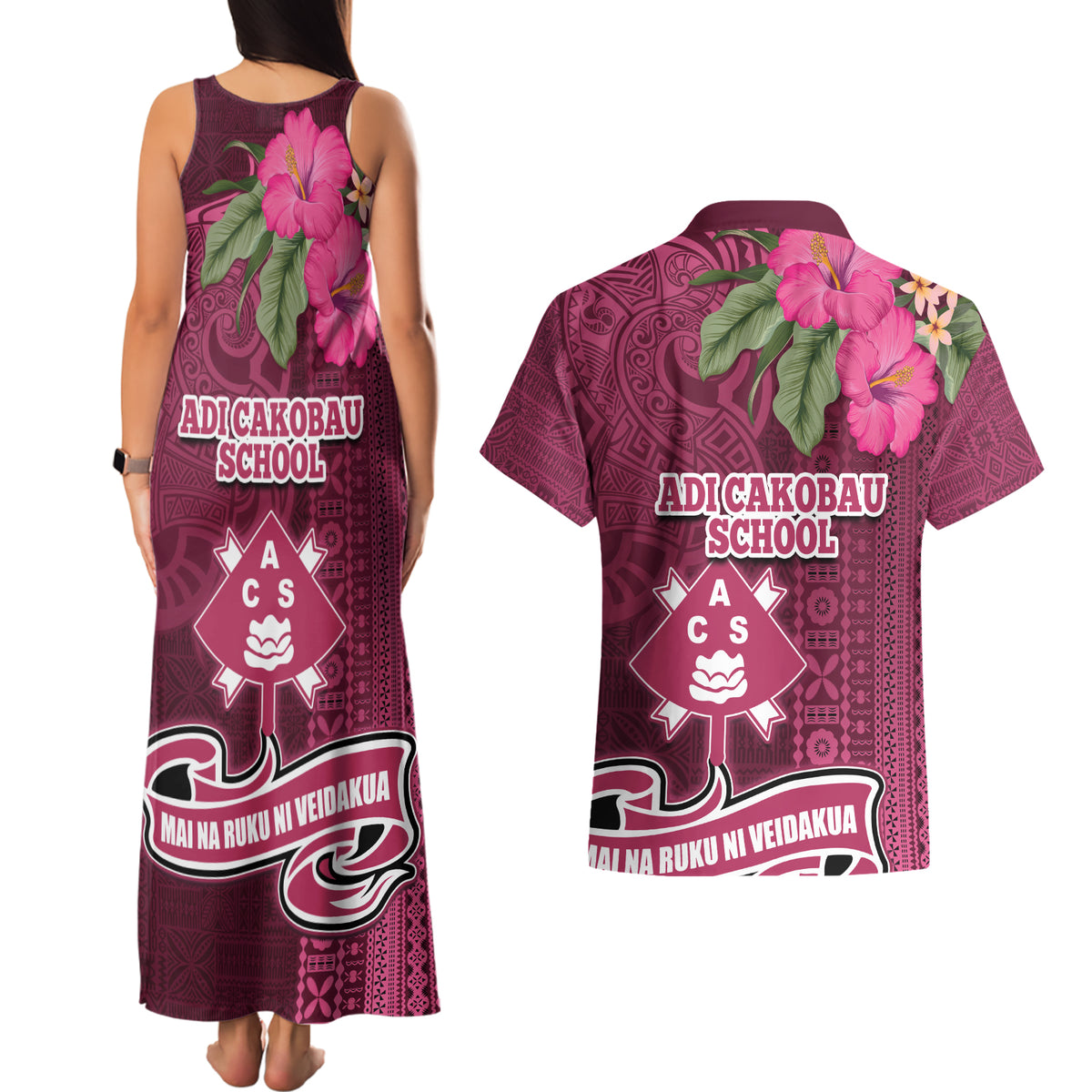 Fiji Adi Cakobau School Couples Matching Tank Maxi Dress and Hawaiian Shirt Tropical Flower and Tapa Pattern LT03 - Polynesian Pride