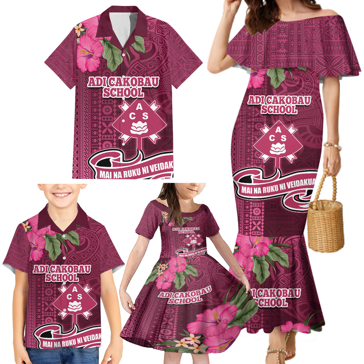 Fiji Adi Cakobau School Family Matching Mermaid Dress and Hawaiian Shirt Tropical Flower and Tapa Pattern LT03 - Polynesian Pride