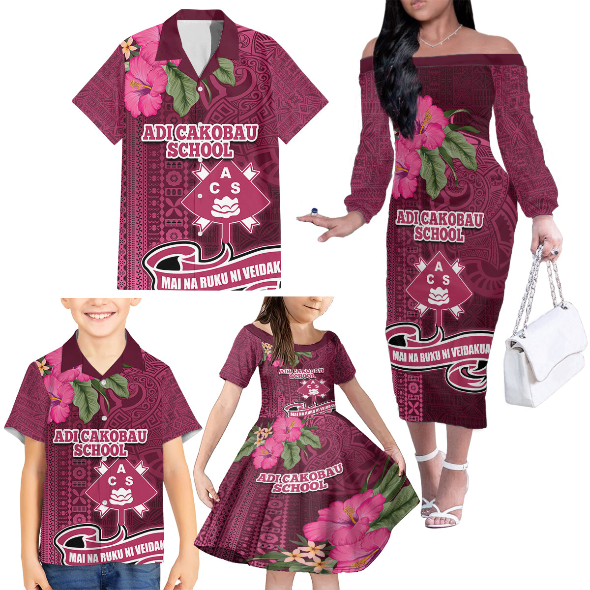 Fiji Adi Cakobau School Family Matching Off Shoulder Long Sleeve Dress and Hawaiian Shirt Tropical Flower and Tapa Pattern LT03 - Polynesian Pride