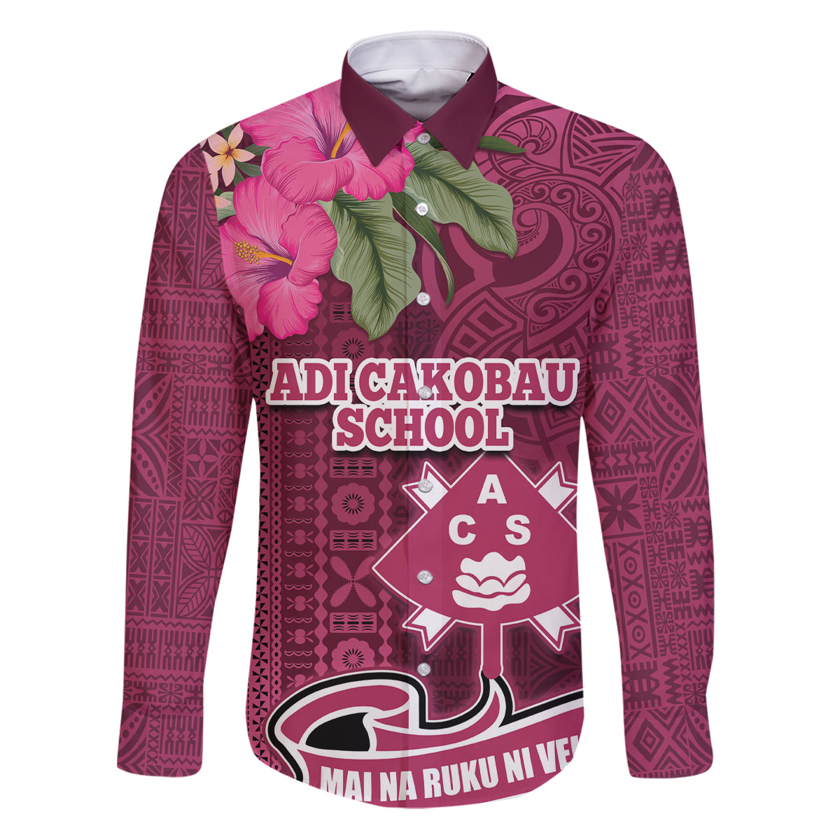 Fiji Adi Cakobau School Family Matching Puletasi Dress and Hawaiian Shirt Tropical Flower and Tapa Pattern LT03 Dad's Shirt - Long Sleeve Pink - Polynesian Pride