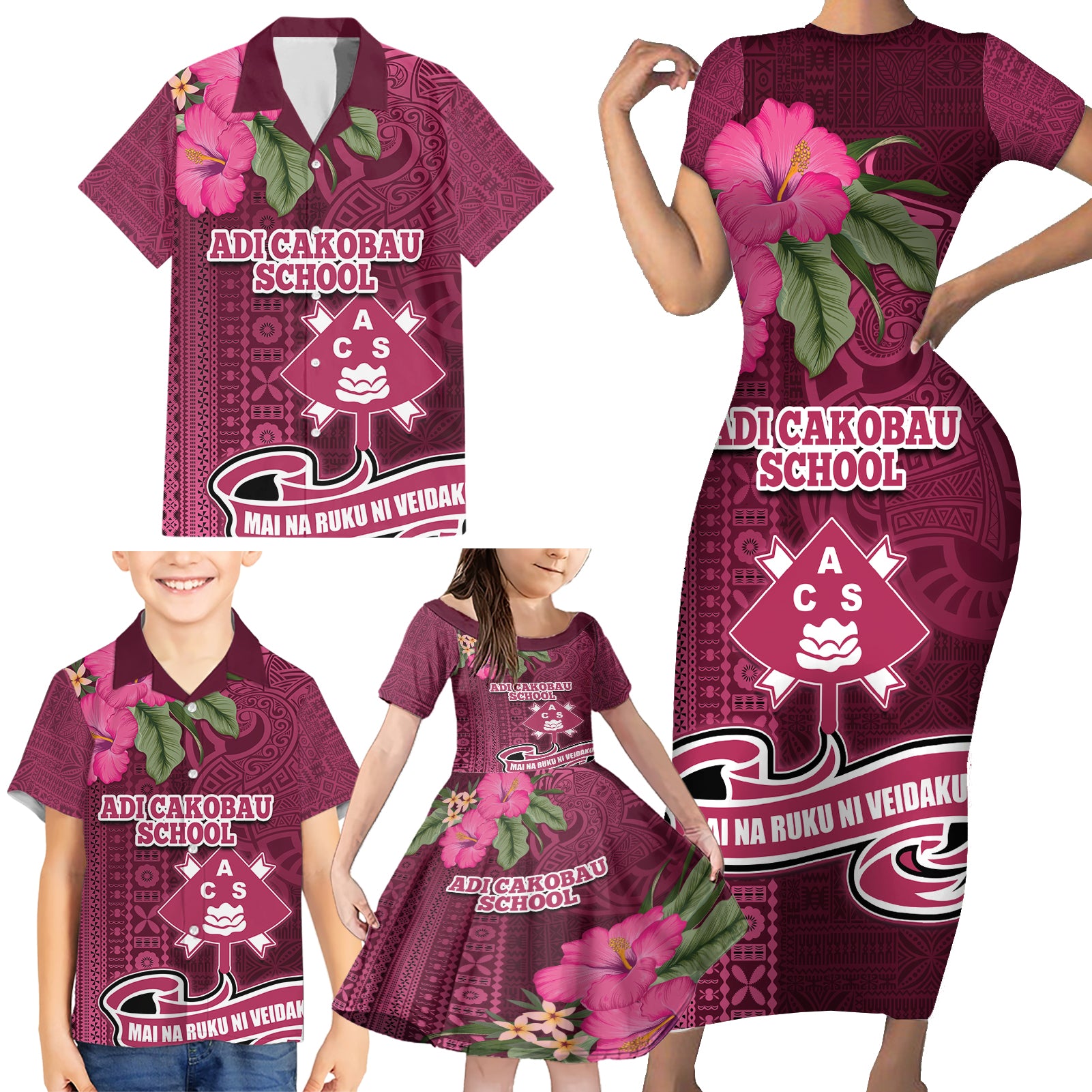 Fiji Adi Cakobau School Family Matching Short Sleeve Bodycon Dress and Hawaiian Shirt Tropical Flower and Tapa Pattern LT03 - Polynesian Pride