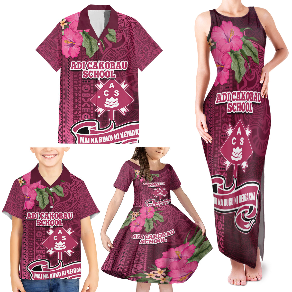 Fiji Adi Cakobau School Family Matching Tank Maxi Dress and Hawaiian Shirt Tropical Flower and Tapa Pattern LT03 - Polynesian Pride