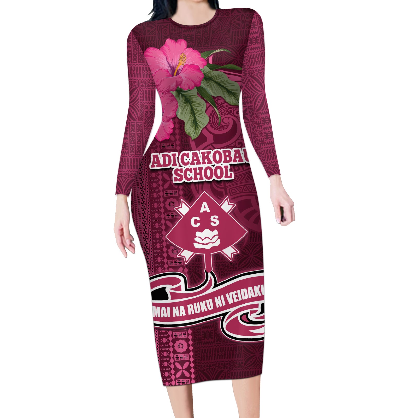 Fiji Adi Cakobau School Long Sleeve Bodycon Dress Tropical Flower and Tapa Pattern LT03 Long Dress Pink - Polynesian Pride