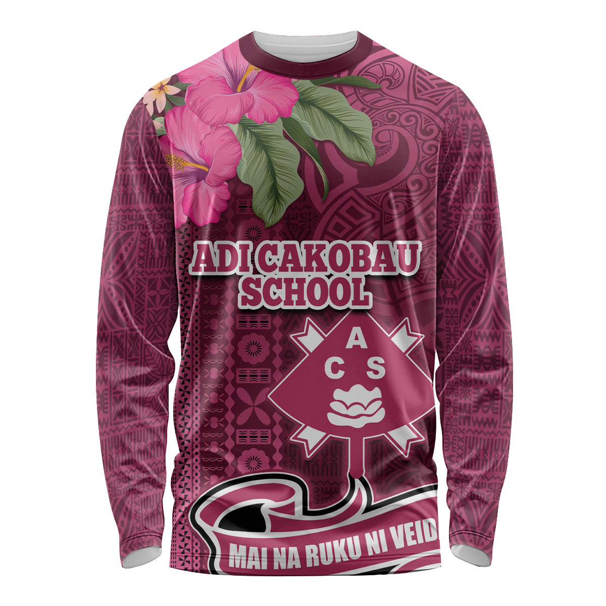 Fiji Adi Cakobau School Long Sleeve Shirt Tropical Flower and Tapa Pattern LT03 Unisex Pink - Polynesian Pride