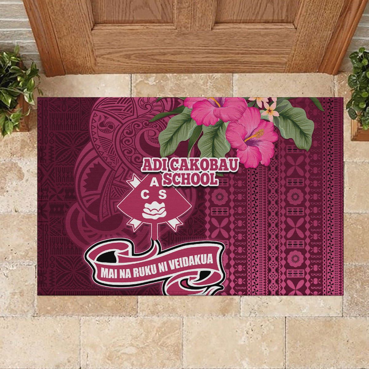 Fiji Adi Cakobau School Rubber Doormat Tropical Flower and Tapa Pattern LT03 - Polynesian Pride