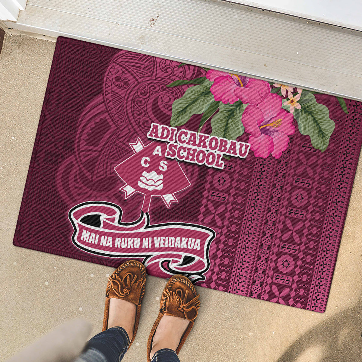 Fiji Adi Cakobau School Rubber Doormat Tropical Flower and Tapa Pattern LT03 - Polynesian Pride