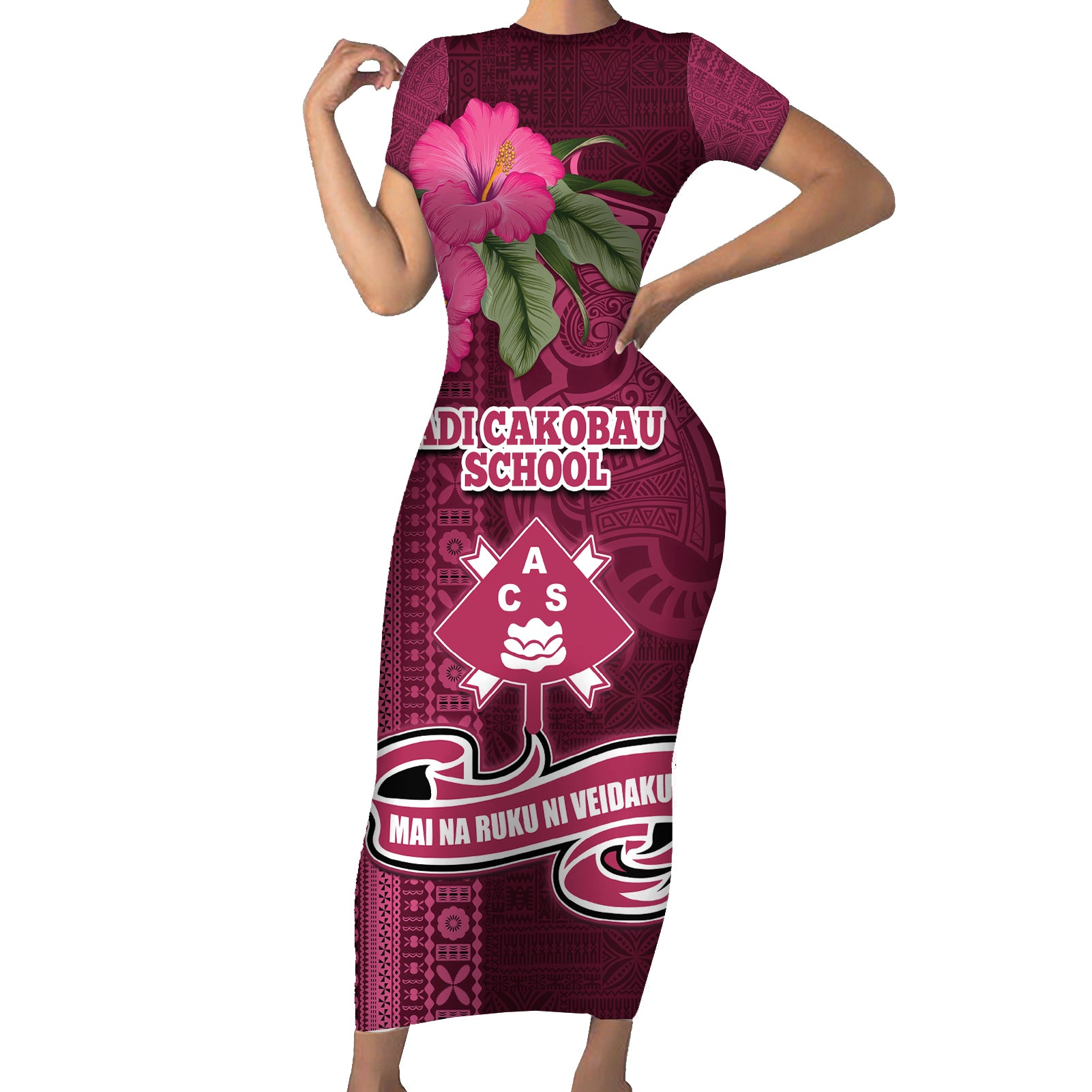 Fiji Adi Cakobau School Short Sleeve Bodycon Dress Tropical Flower and Tapa Pattern LT03 Long Dress Pink - Polynesian Pride