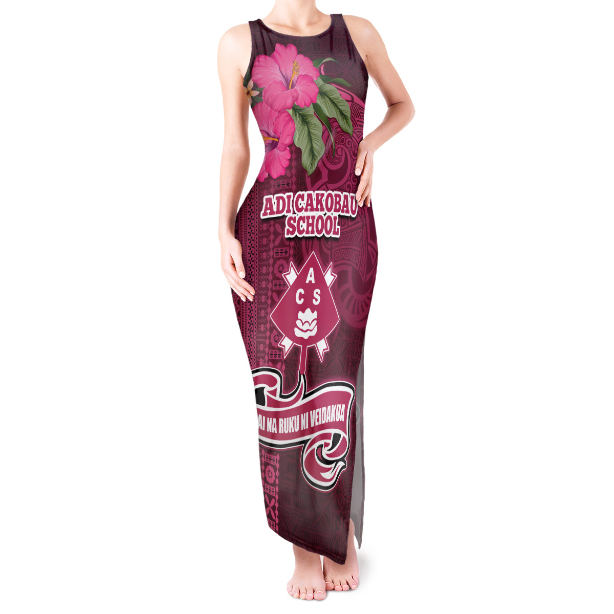 Fiji Adi Cakobau School Tank Maxi Dress Tropical Flower and Tapa Pattern LT03 Women Pink - Polynesian Pride