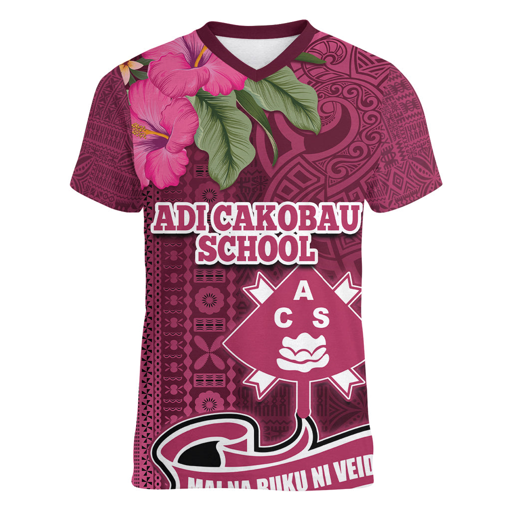 Fiji Adi Cakobau School Women V Neck T Shirt Tropical Flower and Tapa Pattern LT03 Female Pink - Polynesian Pride