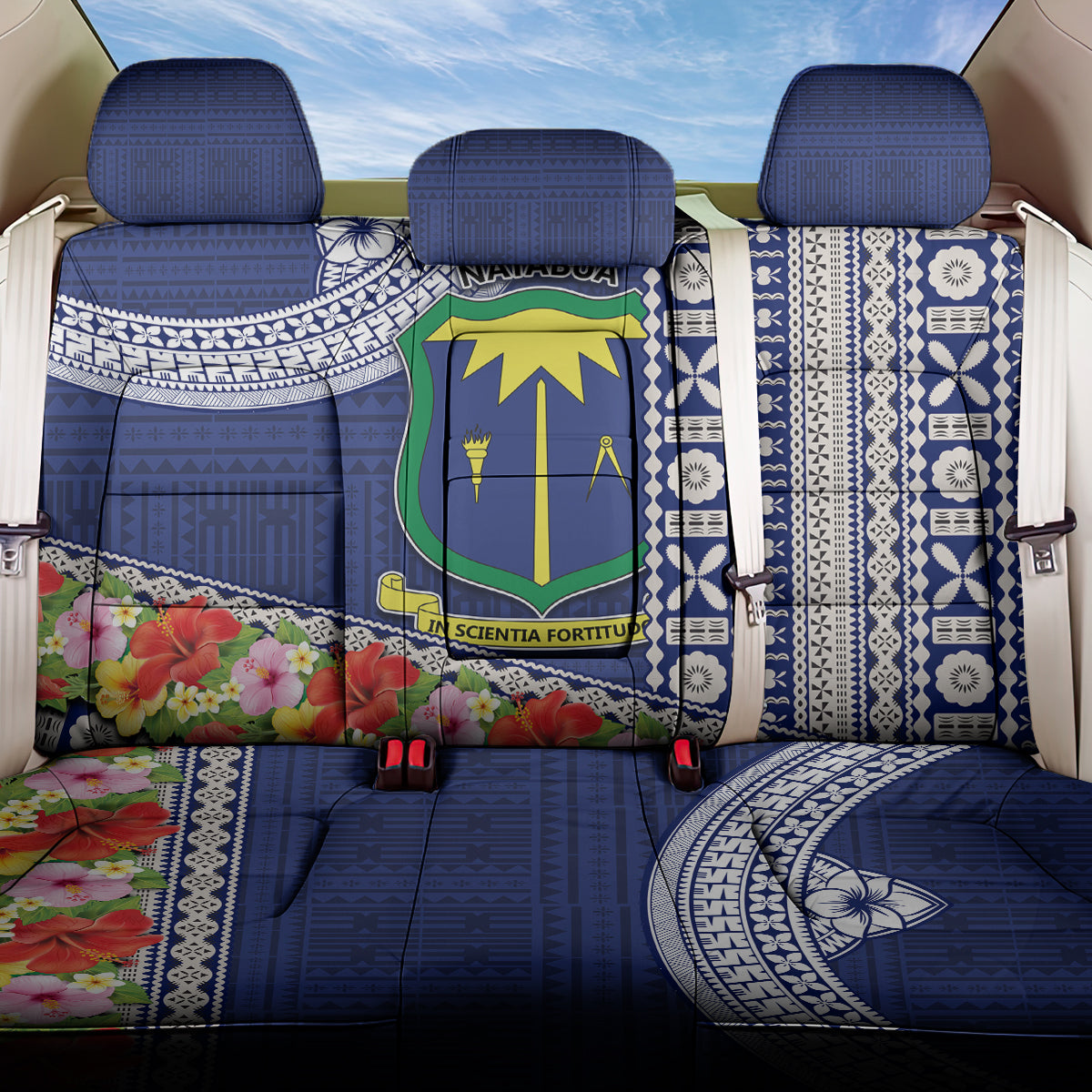 Fiji Natabua High School Back Car Seat Cover Tropical Flower and Tapa Pattern Blue Style LT03