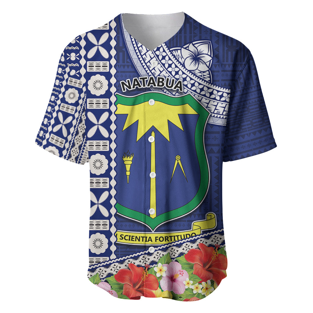 Fiji Natabua High School Baseball Jersey Tropical Flower and Tapa Pattern Blue Style LT03 Blue - Polynesian Pride