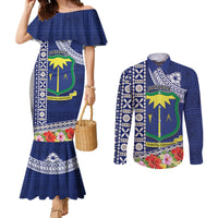 Fiji Natabua High School Couples Matching Mermaid Dress and Long Sleeve Button Shirt Tropical Flower and Tapa Pattern Blue Style LT03 Blue - Polynesian Pride